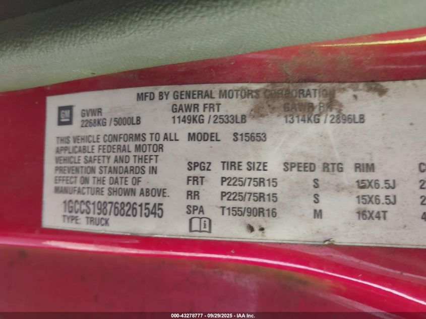 2006 Chevrolet Colorado Ls VIN: 1GCCS198768261545 Lot: 43278777