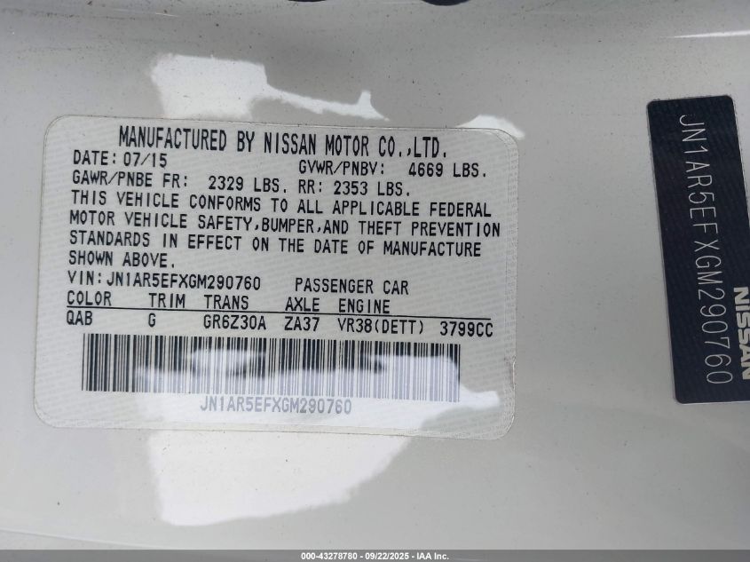 2016 Nissan Gt-R Black Edition VIN: JN1AR5EFXGM290760 Lot: 43278780