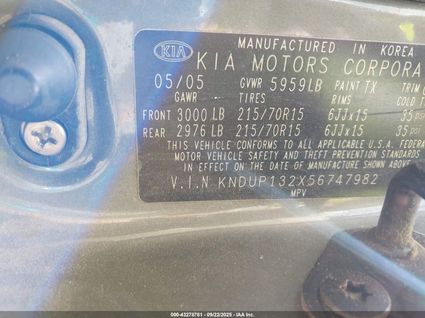 2005 Kia Sedona Ex/Lx VIN: KNDUP132X56747982 Lot: 43278781