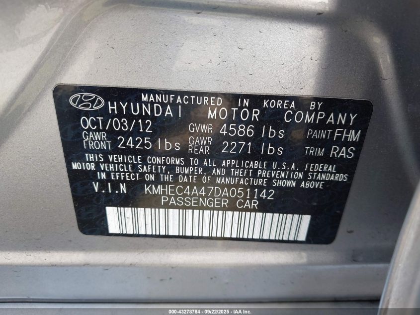 2013 Hyundai Sonata Hybrid VIN: KMHEC4A47DA051142 Lot: 43278784