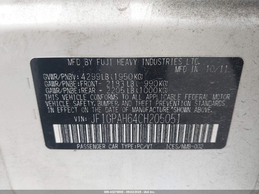 2012 Subaru Impreza 2.0I Limited VIN: JF1GPAH64CH205051 Lot: 43278800