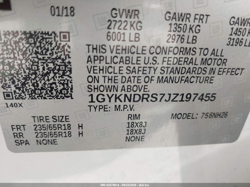 2018 Cadillac Xt5 Luxury VIN: 1GYKNDRS7JZ197455 Lot: 43278814