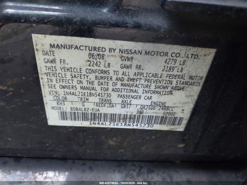 2008 Nissan Altima 2.5 S VIN: 1N4AL21E18N545730 Lot: 43278824