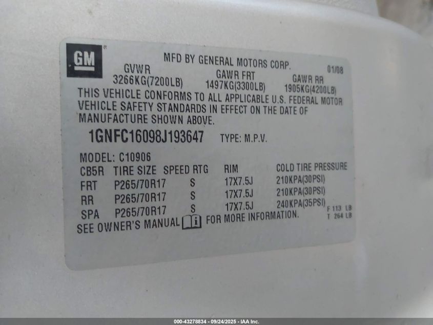 2008 Chevrolet Suburban 1500 Lt VIN: 1GNFC16098J193647 Lot: 43278834