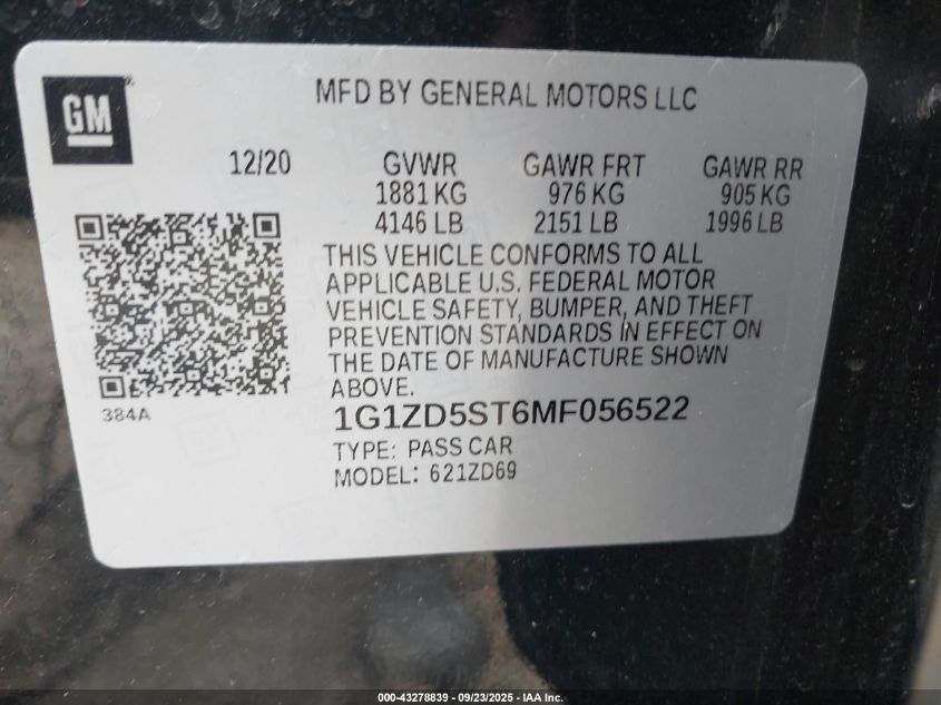 2021 Chevrolet Malibu Fwd Lt VIN: 1G1ZD5ST6MF056522 Lot: 43278839