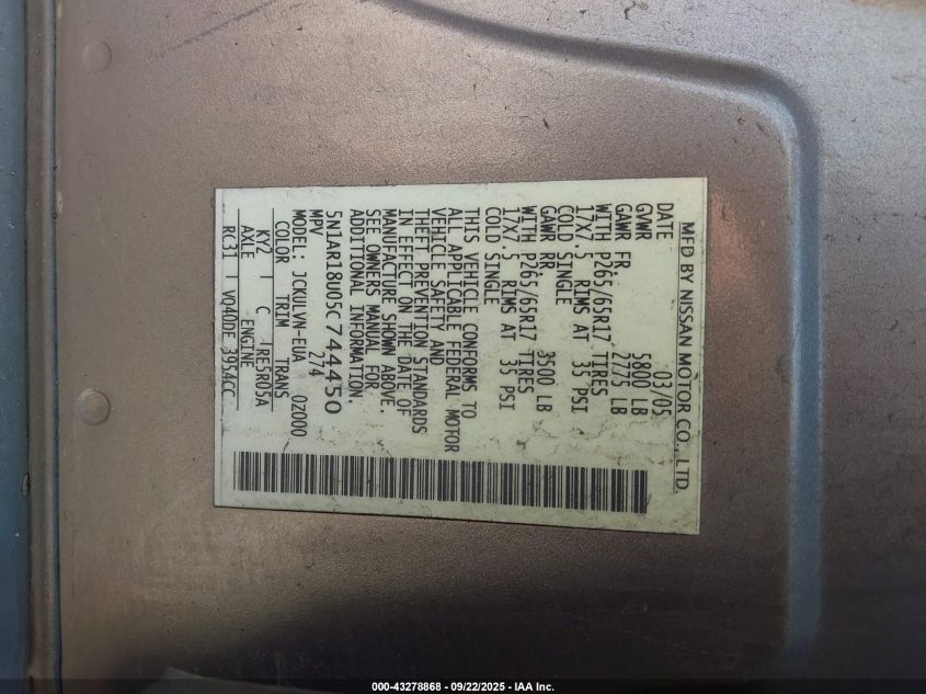 2005 Nissan Pathfinder Le VIN: 5N1AR18U05C744450 Lot: 43278868