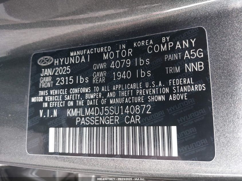 2025 Hyundai Elantra Hybrid Blue VIN: KMHLM4DJ5SU140872 Lot: 43278871