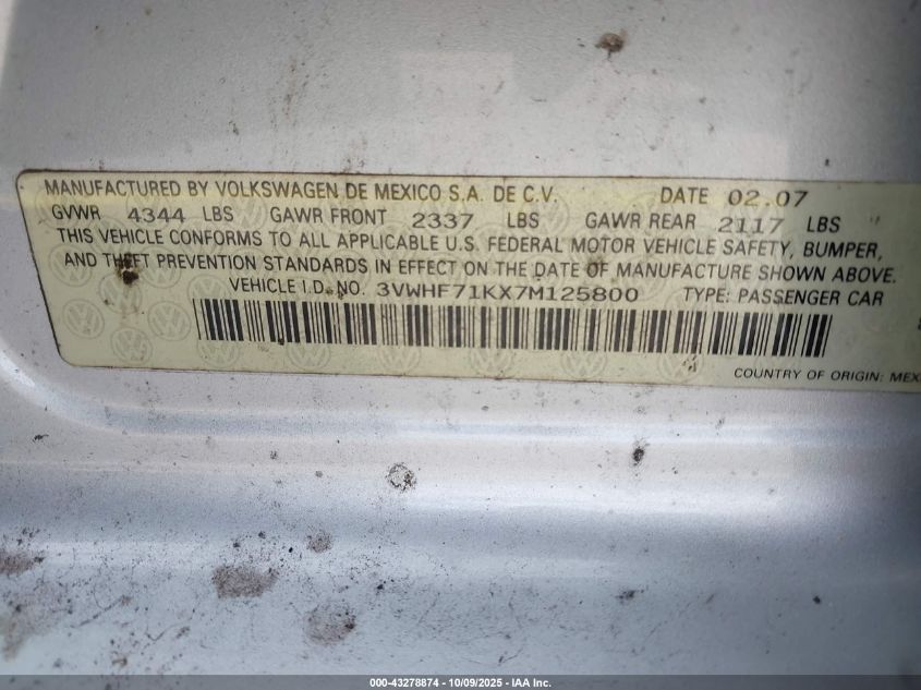 2007 Volkswagen Jetta 2.5 VIN: 3VWHF71KX7M125800 Lot: 43278874