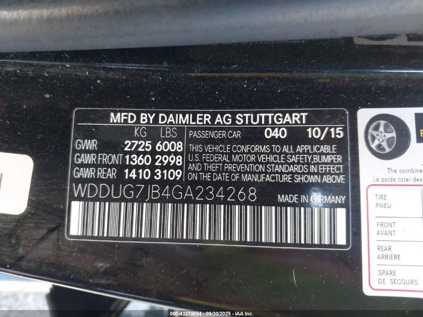 2016 Mercedes-Benz Amg S 63 4Matic VIN: WDDUG7JB4GA234268 Lot: 43278894