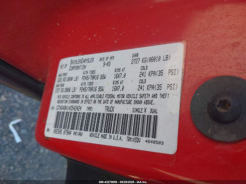 2004 Dodge Dakota Slt VIN: 1D7HG48N14S542424 Lot: 43278898