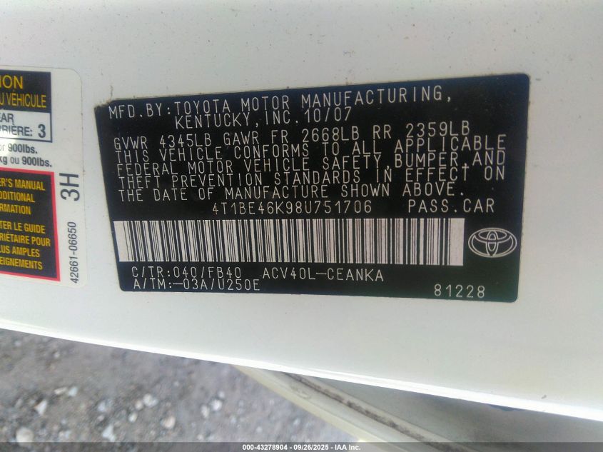 2008 Toyota Camry Le VIN: 4T1BE46K98U751706 Lot: 43278904