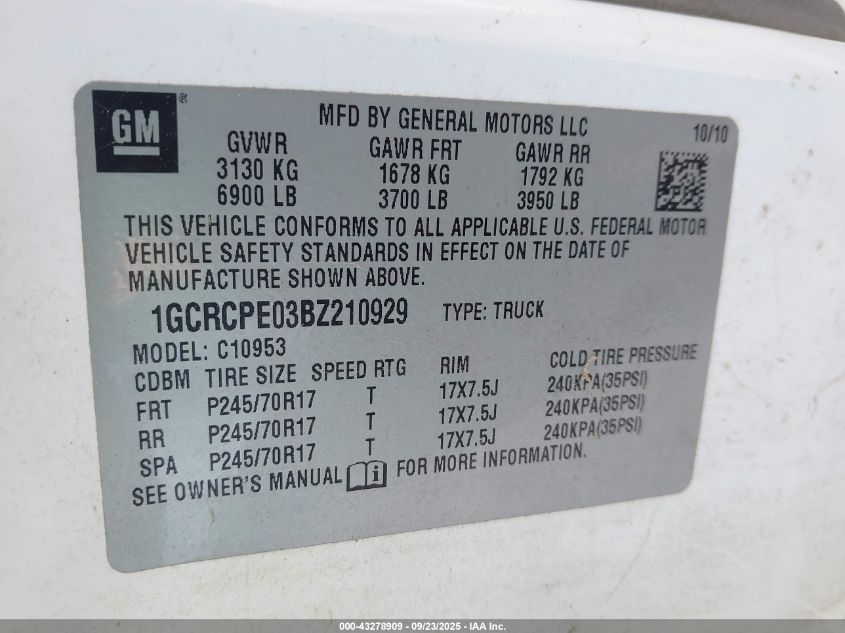 2011 Chevrolet Silverado 1500 Work Truck VIN: 1GCRCPE03BZ210929 Lot: 43278909