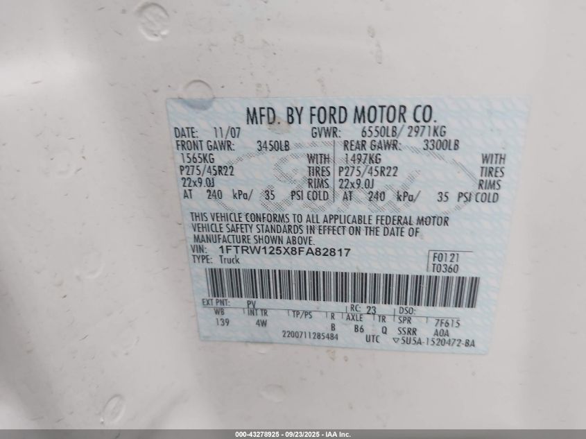 2008 Ford F-150 Harley-Davidson/Limited VIN: 1FTRW125X8FA82817 Lot: 43278925
