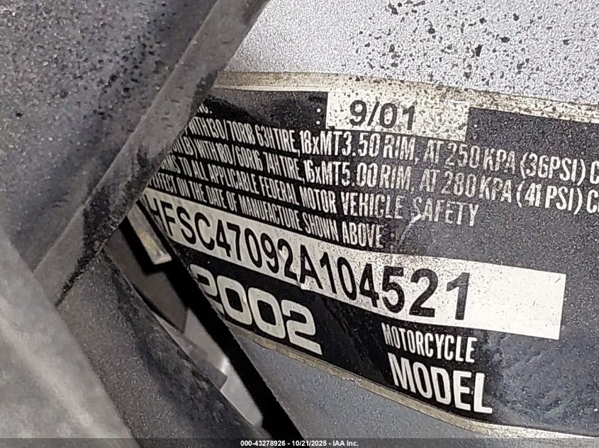 2002 Honda Gl1800 VIN: 1HFSC47092A104521 Lot: 43278926