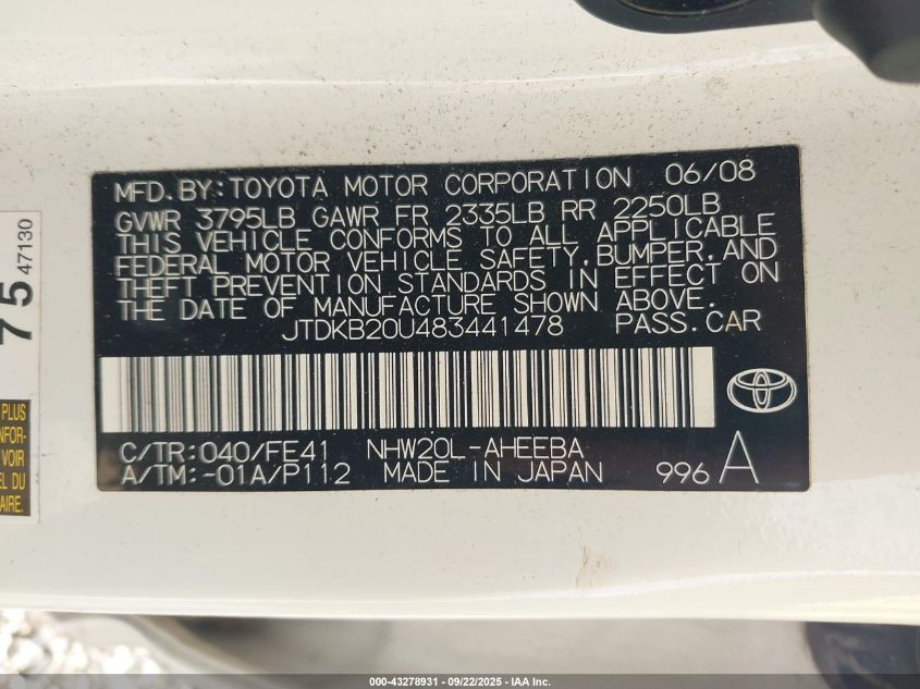 2008 Toyota Prius VIN: JTDKB20U483441478 Lot: 43278931