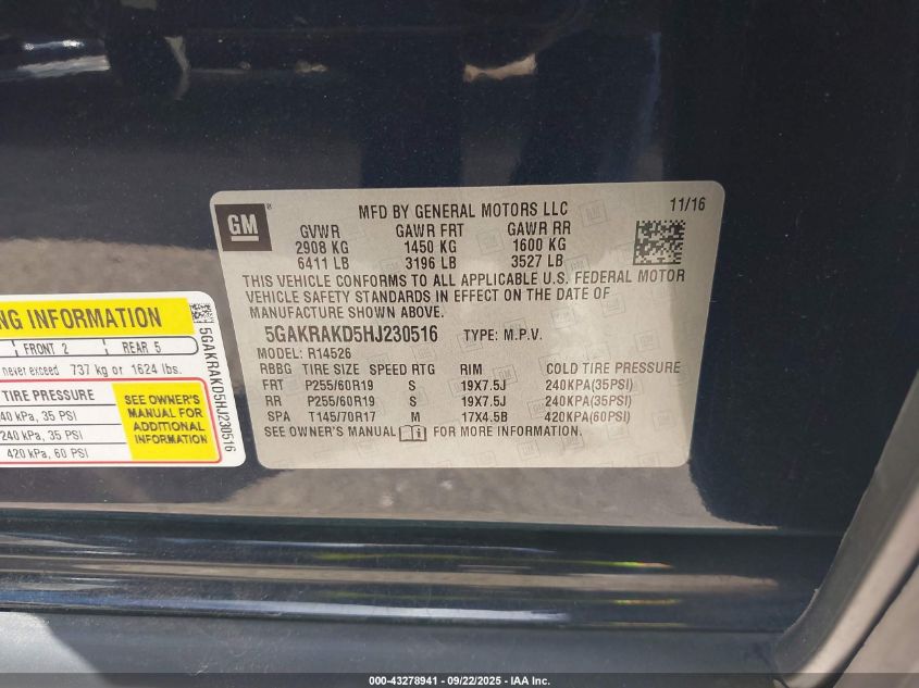 2017 Buick Enclave Convenience VIN: 5GAKRAKD5HJ230516 Lot: 43278941