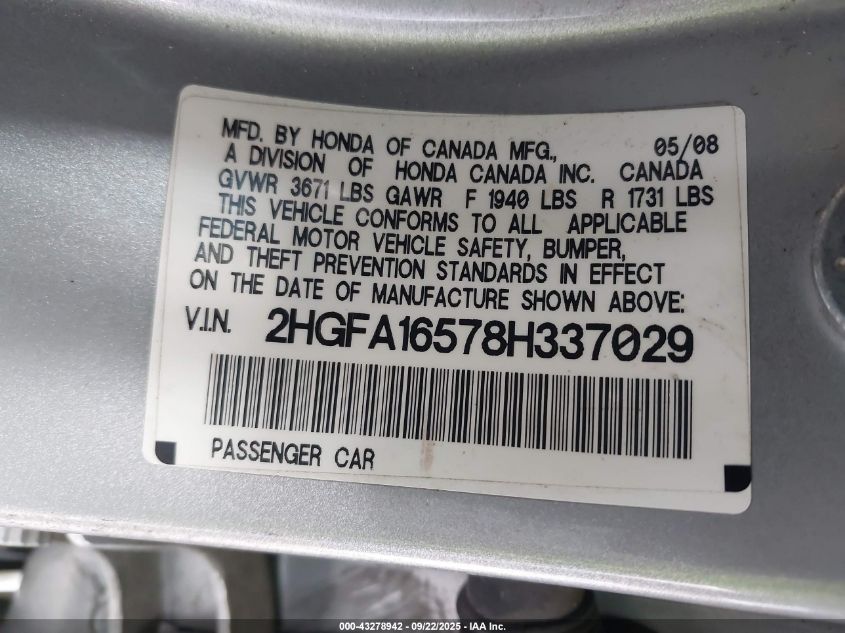 2008 Honda Civic Lx VIN: 2HGFA16578H337029 Lot: 43278942