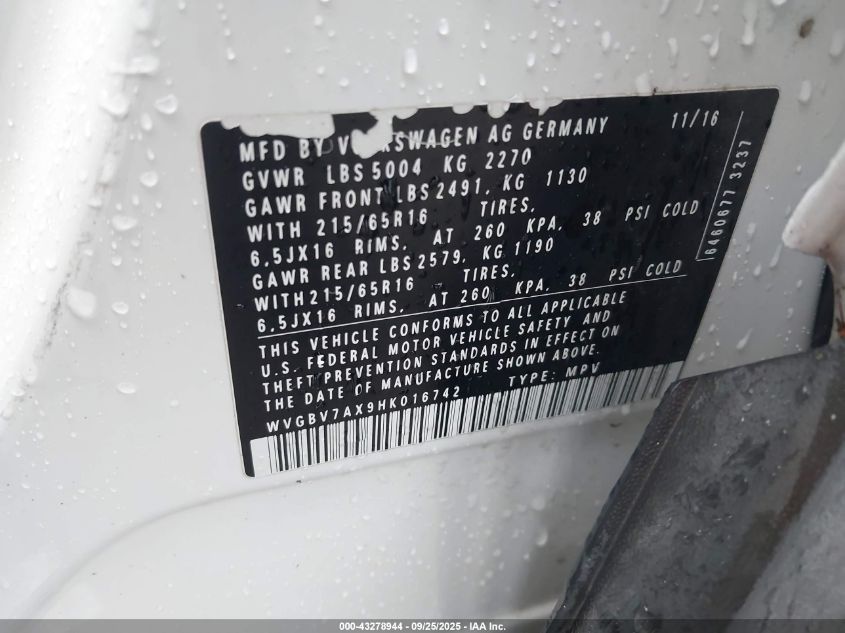 2017 Volkswagen Tiguan 2.0T/2.0T S VIN: WVGBV7AX9HK016742 Lot: 43278944