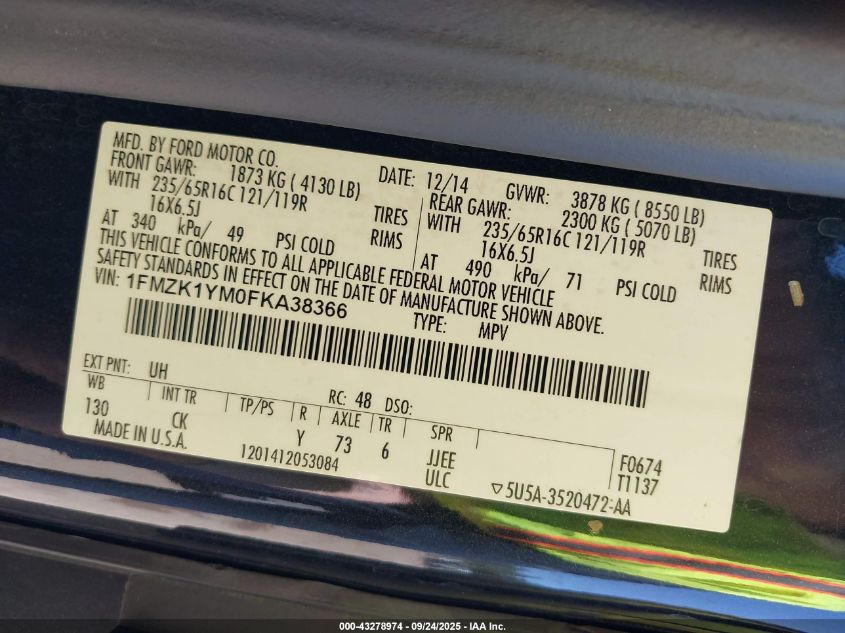 2015 Ford Transit-150 Xlt VIN: 1FMZK1YM0FKA38366 Lot: 43278974