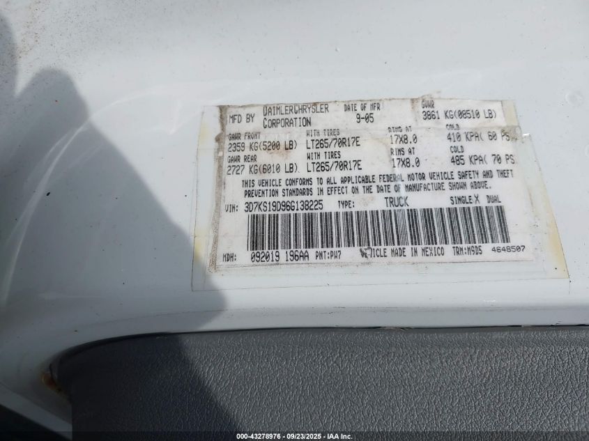 2006 Dodge Ram 1500 Slt VIN: 3D7KS19D96G138225 Lot: 43278976