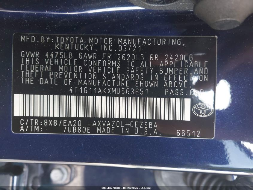 2021 Toyota Camry Se VIN: 4T1G11AKXMU563651 Lot: 43278980