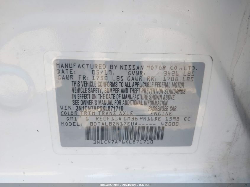 2019 Nissan Versa 1.6 Sv VIN: 3N1CN7AP6KL871710 Lot: 43278998