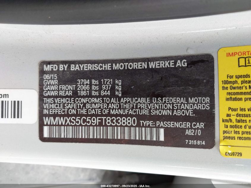 2015 Mini Hardtop Cooper VIN: WMWXS5C59FT833880 Lot: 43278997
