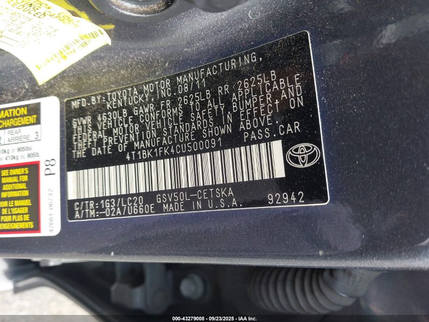 2012 Toyota Camry Se V6 VIN: 4T1BK1FK4CU500091 Lot: 43279008