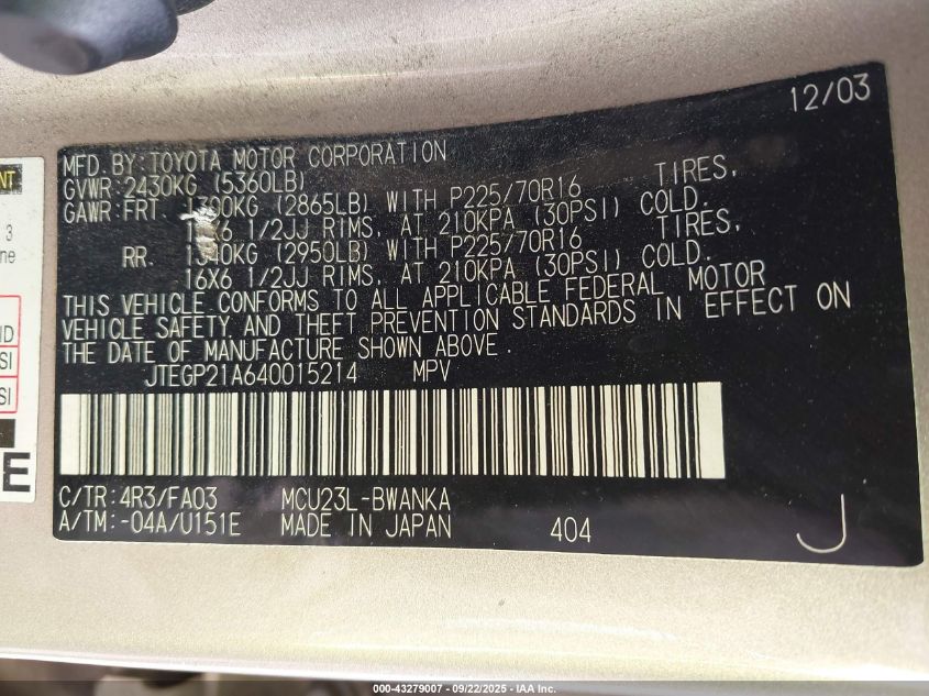 2004 Toyota Highlander V6 VIN: JTEGP21A640015214 Lot: 43279007