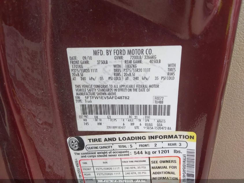 2010 Ford F-150 Fx4/Harley-Davidson/King Ranch/Lariat/Platinum/Xl/Xlt VIN: 1FTFW1EV5AFD48782 Lot: 43279014