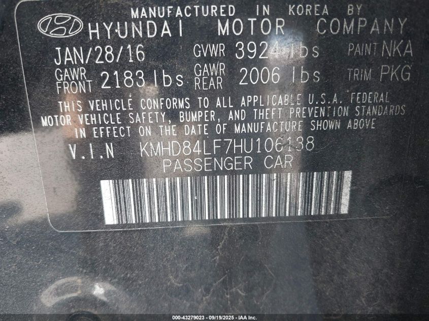 2017 Hyundai Elantra Se VIN: KMHD84LF7HU106138 Lot: 43279023