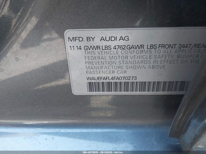 2015 Audi A4 2.0T Premium VIN: WAUEFAFL4FA070273 Lot: 43279025
