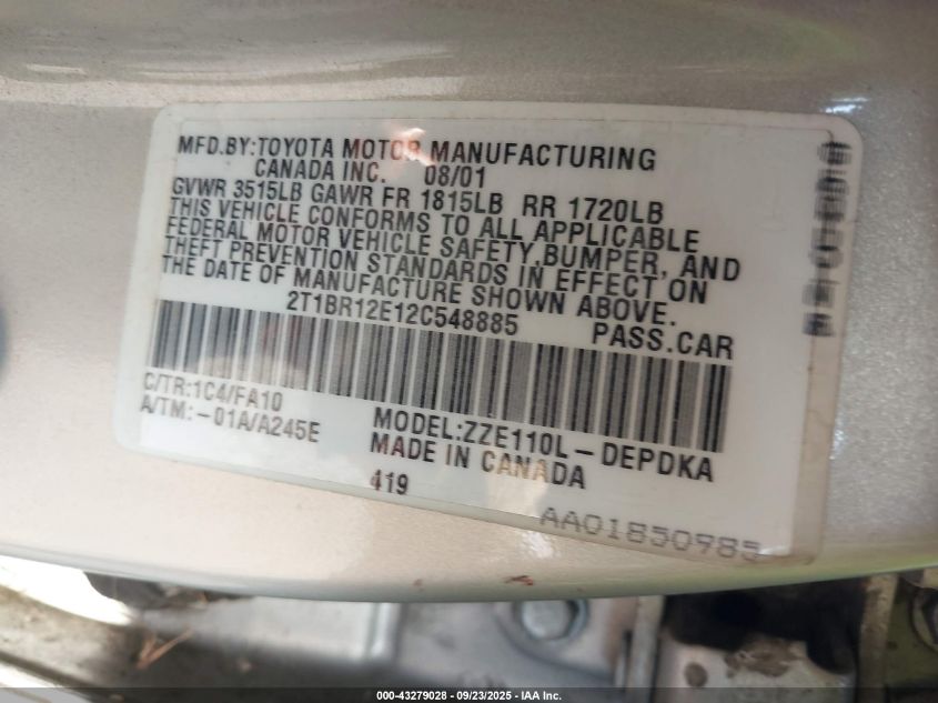 2002 Toyota Corolla Ce/Le/S VIN: 2T1BR12E12C548885 Lot: 43279028