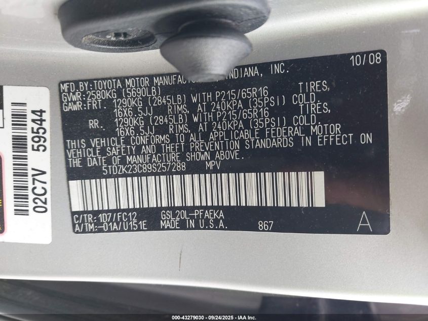 2009 Toyota Sienna Le VIN: 5TDZK23C89S257288 Lot: 43279030