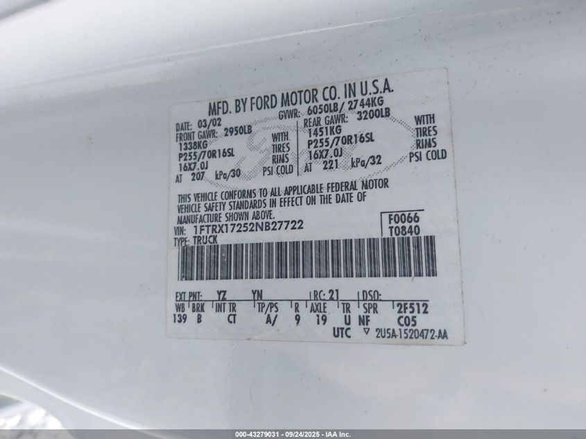 2002 Ford F-150 Xl/Xlt VIN: 1FTRX17252NB27722 Lot: 43279031