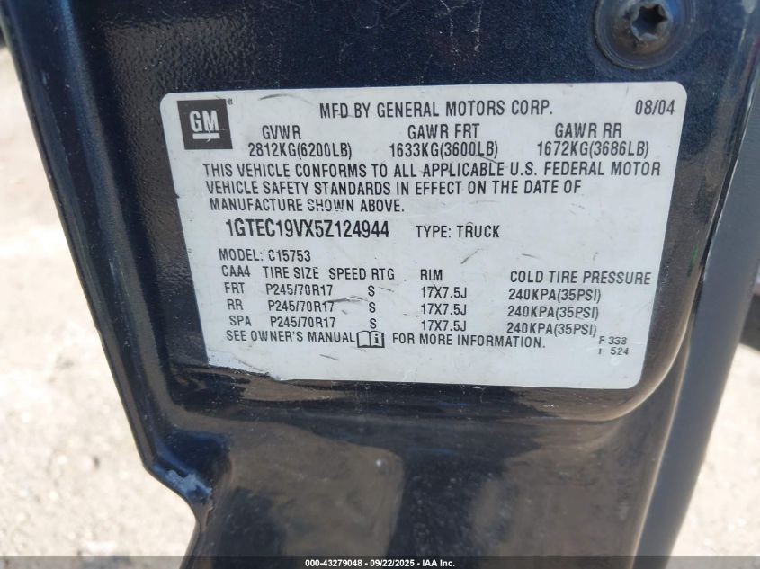2005 GMC Sierra 1500 Sle VIN: 1GTEC19VX5Z124944 Lot: 43279048