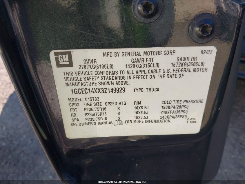 2003 Chevrolet Silverado C1500 VIN: 1GCEC14XX3Z149929 Lot: 43279074