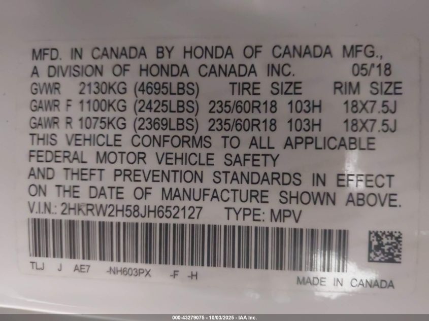 2018 Honda Cr-V Ex VIN: 2HKRW2H58JH652127 Lot: 43279075