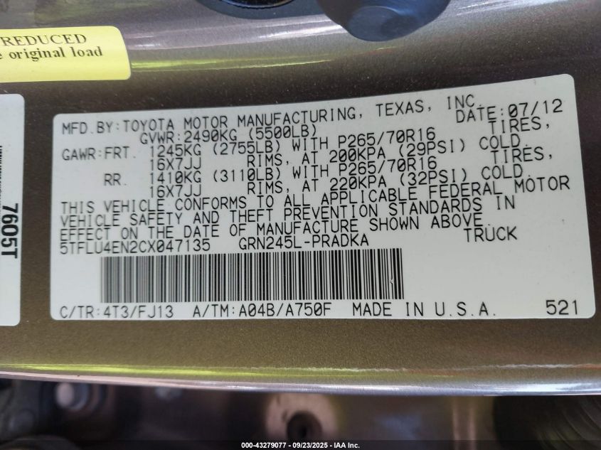 2012 Toyota Tacoma Base V6 VIN: 5TFLU4EN2CX047135 Lot: 43279077