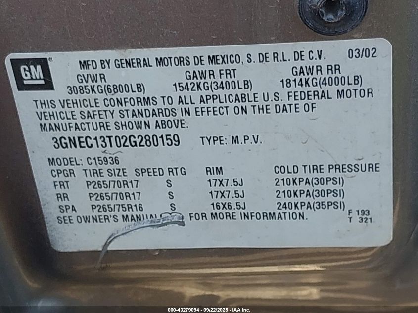 2002 Chevrolet Avalanche 1500 VIN: 3GNEC13T02G280159 Lot: 43279094