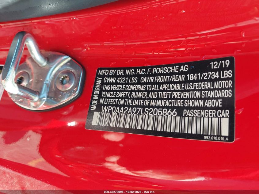 2020 Porsche 911 Carrera VIN: WP0AA2A97LS205866 Lot: 43279096