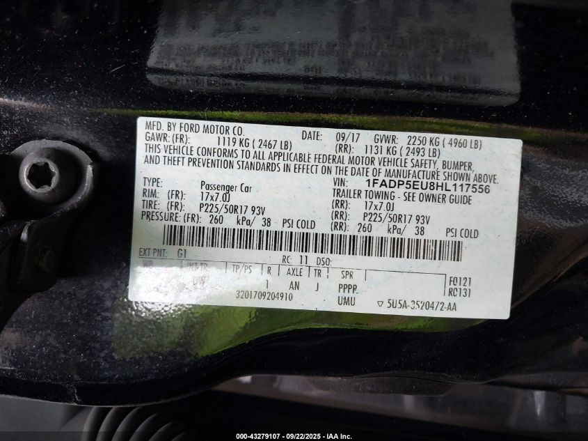 2017 Ford C-Max Energi Se VIN: 1FADP5EU8HL117556 Lot: 43279107