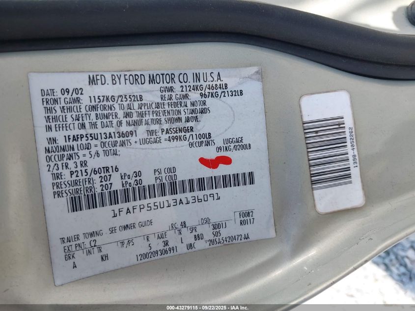 2003 Ford Taurus Ses VIN: 1FAFP55U13A136091 Lot: 43279115