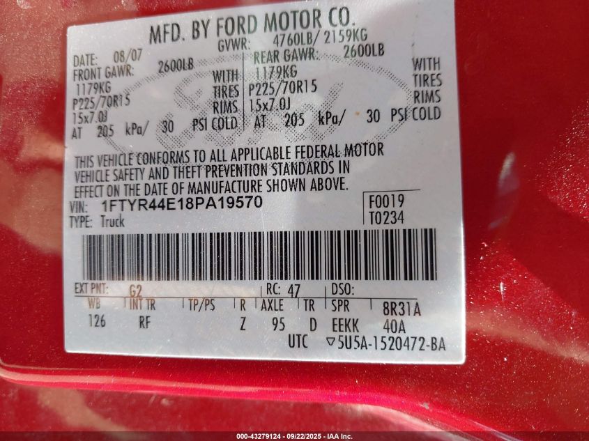 2008 Ford Ranger Xlt VIN: 1FTYR44E18PA19570 Lot: 43279124
