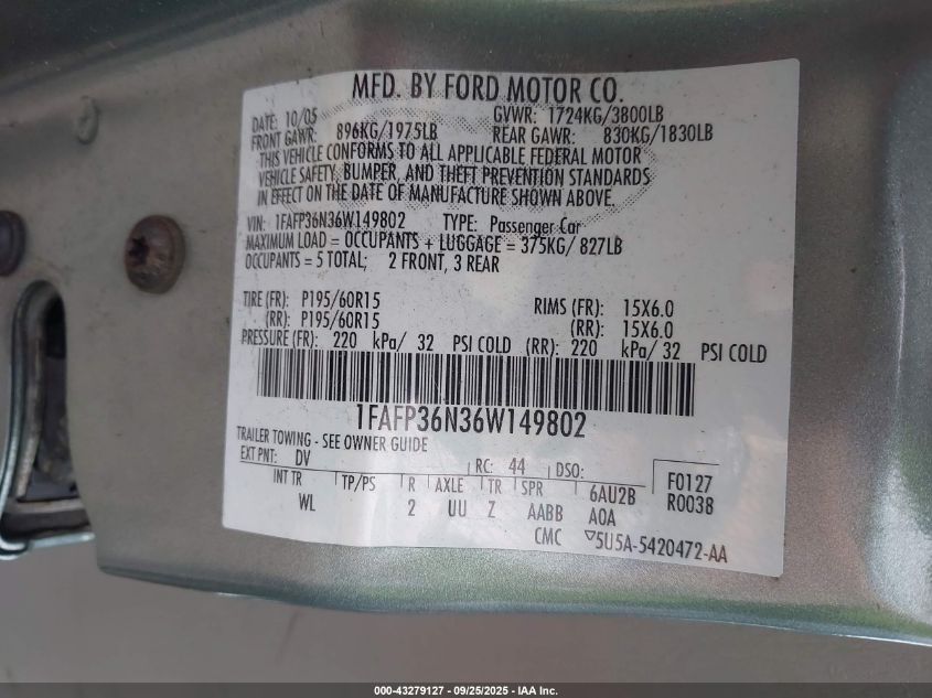 2006 Ford Focus Zxw VIN: 1FAFP36N36W149802 Lot: 43279127