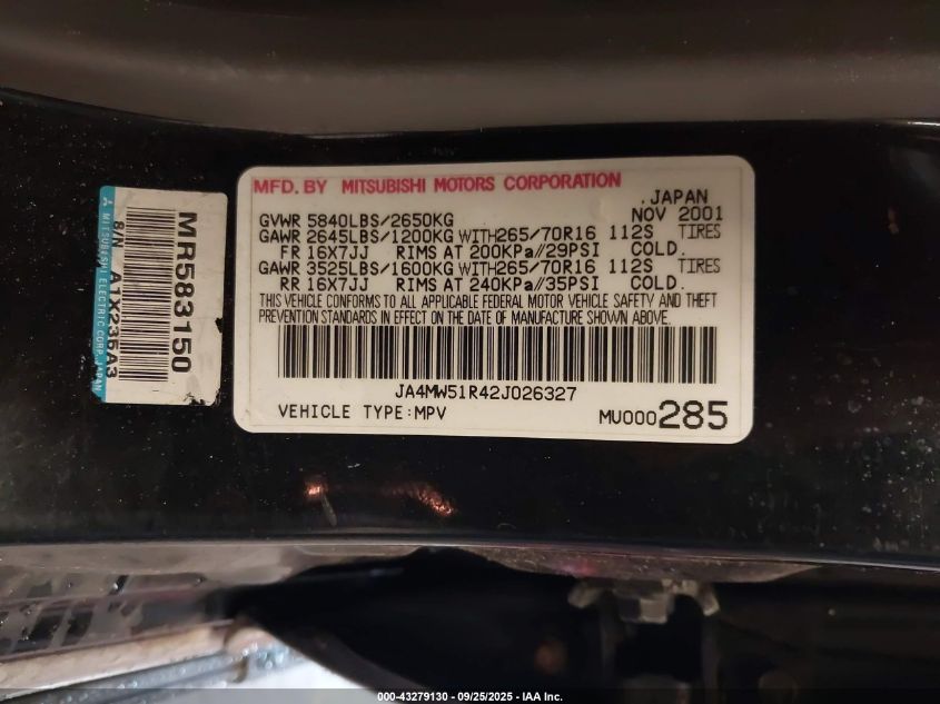 2002 Mitsubishi Montero Limited VIN: JA4MW51R42J026327 Lot: 43279130