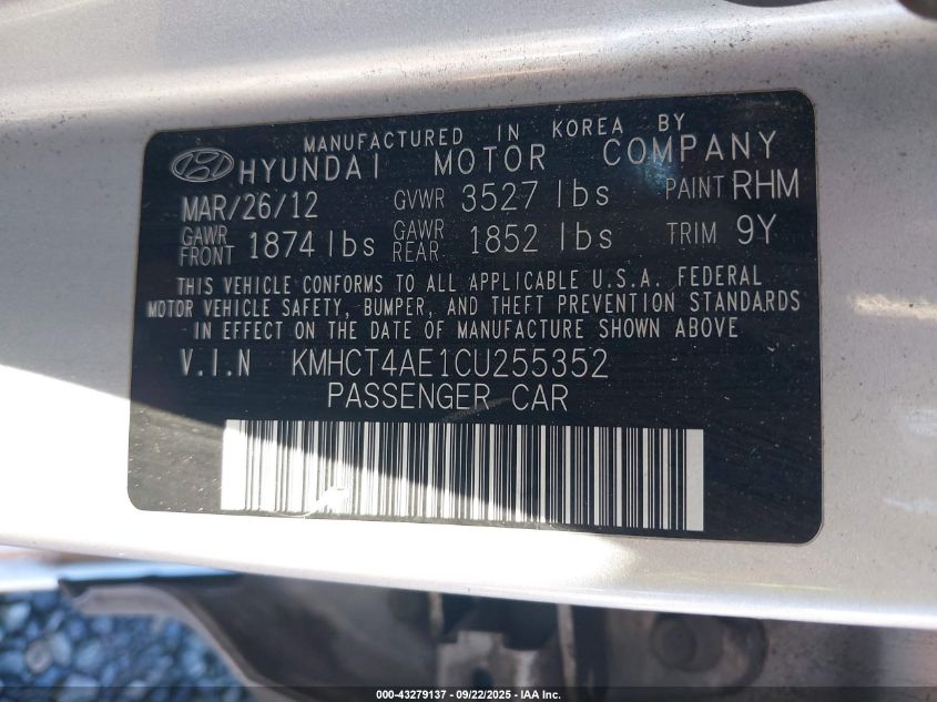 2012 Hyundai Accent Gls VIN: KMHCT4AE1CU255352 Lot: 43279137