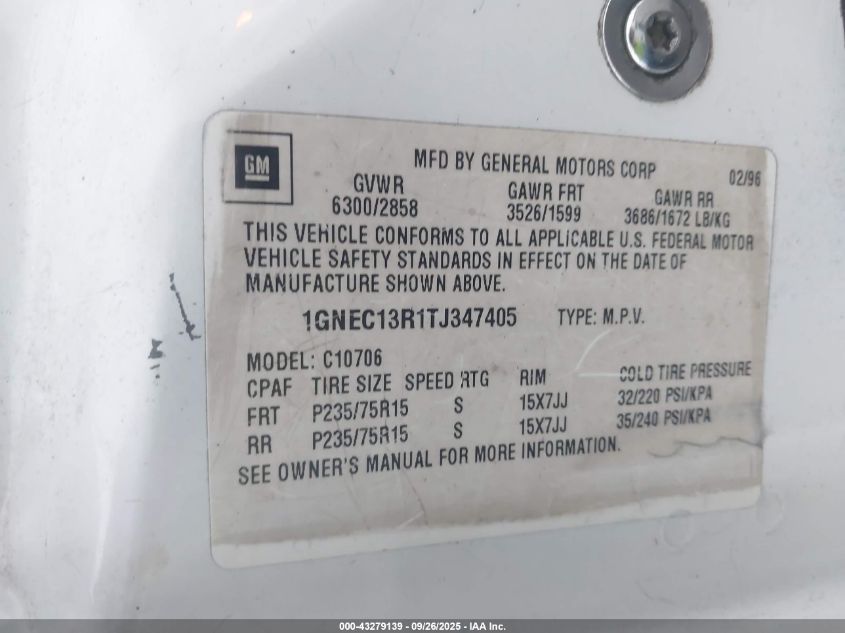 1996 Chevrolet Tahoe C1500 VIN: 1GNEC13R1TJ347405 Lot: 43279139