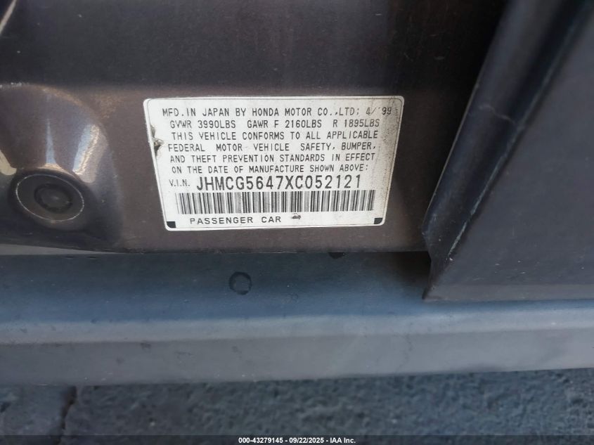 1999 Honda Accord Lx VIN: JHMCG5647XC052121 Lot: 43279145