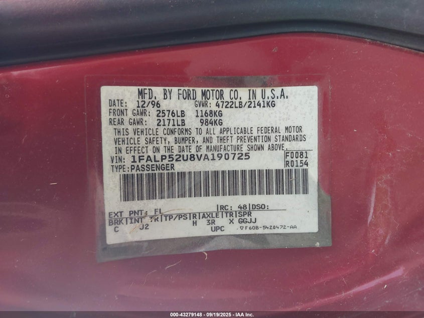 1997 Ford Taurus Gl VIN: 1FALP52U8VA190725 Lot: 43279148
